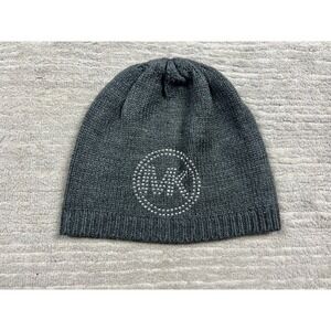Michael Kors Beanie Womens OS Gray Rhinestone MK Logo Knit Hat Winter Accessory
